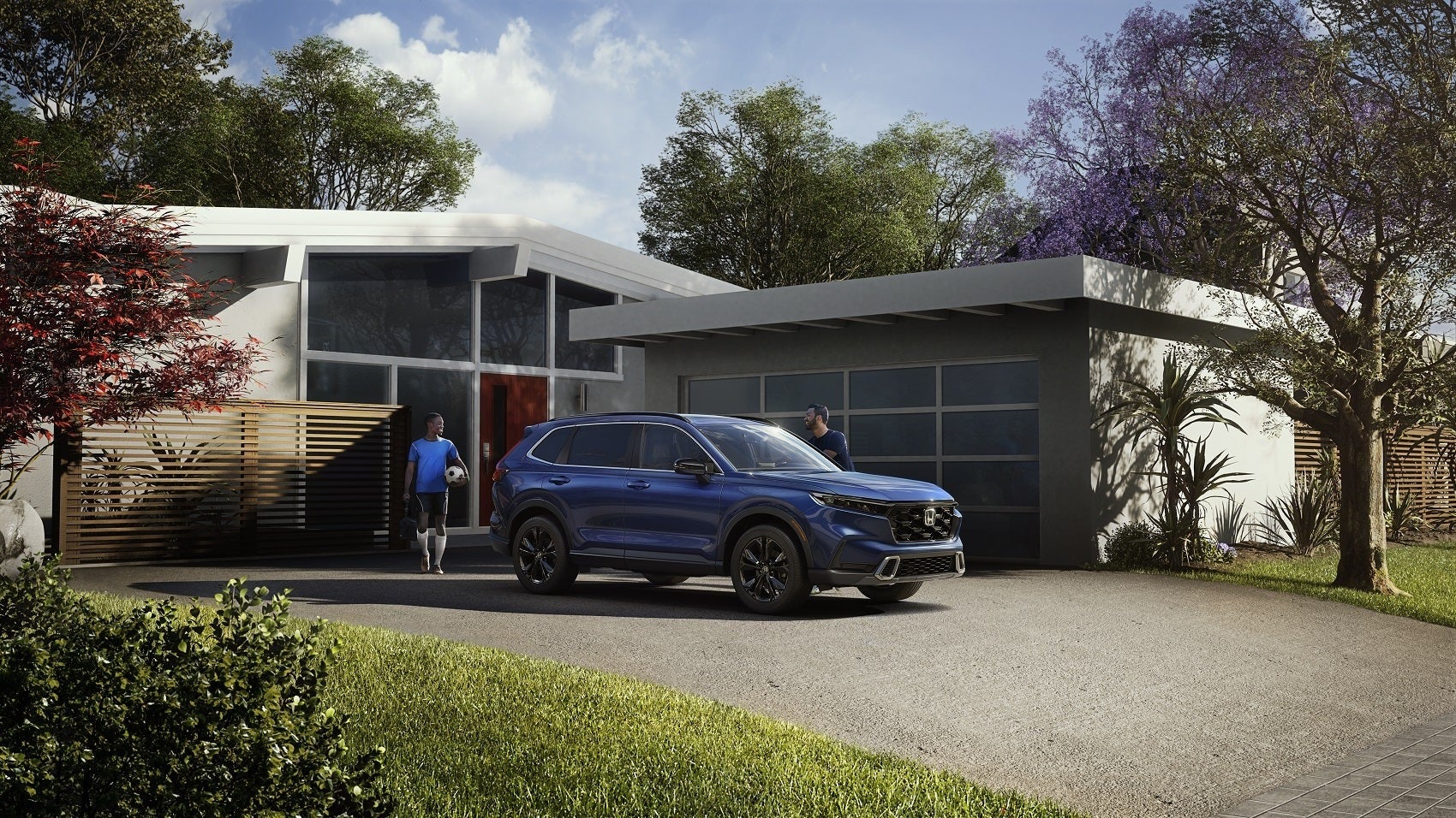 image of 2 people about to get into a blue Honda SUV